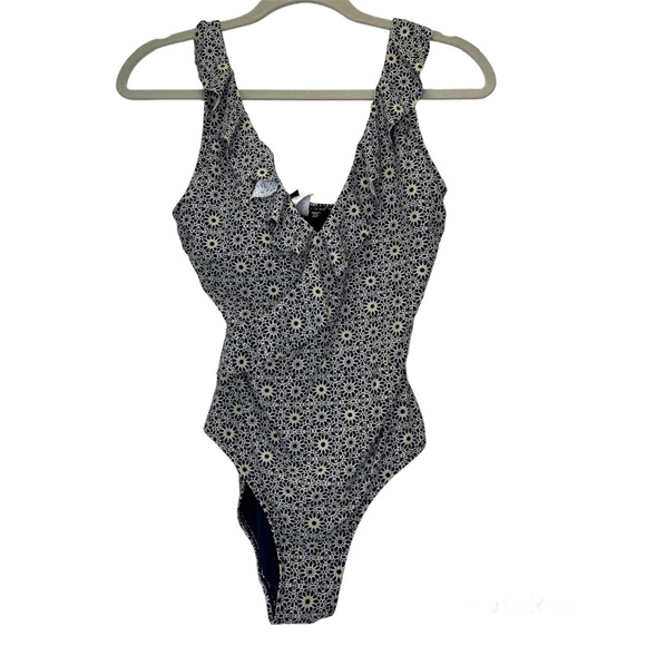 Niptuck Onepiece Bathing Suit Size 4 Crisscross Ruffle Top Navy Patterned Swim - Picture 1 of 8